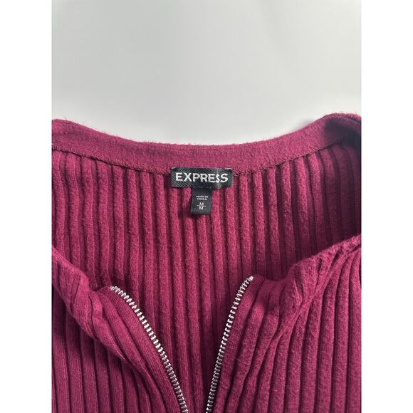 Express Ribbed Zip Front Sweater M Burgundy Stretch Long Sleeve Knit Top - Picture 8 of 13